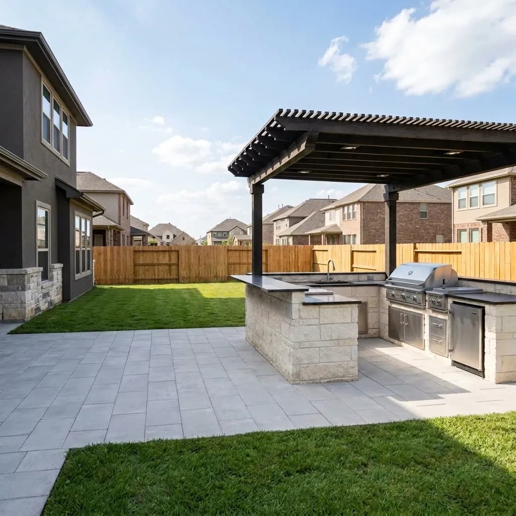 Backyard kitchen dark wood pergola
