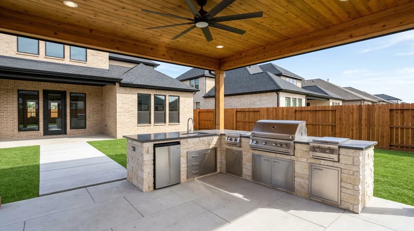 Covered patio stone kitchen island