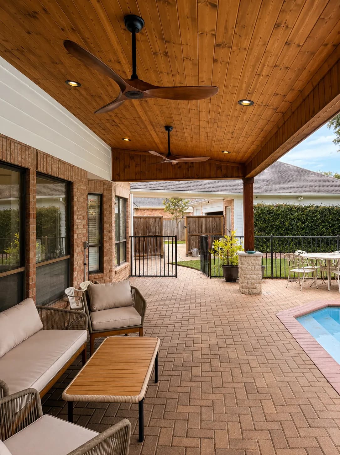Covered patio cedar ceiling poolside