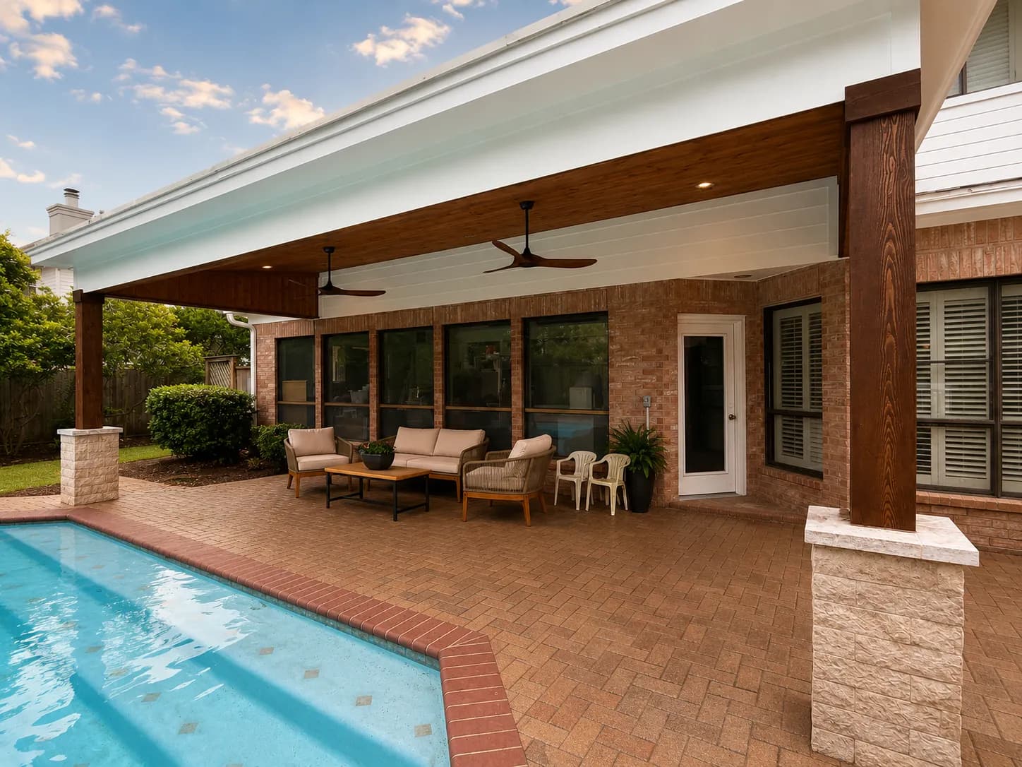 Covered patio pool brick paver