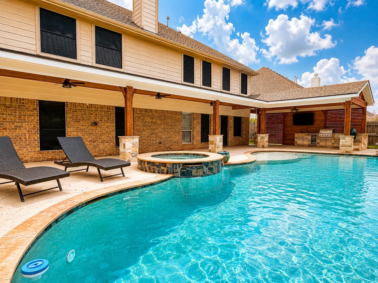 Freeform gunite pool spa covered patio