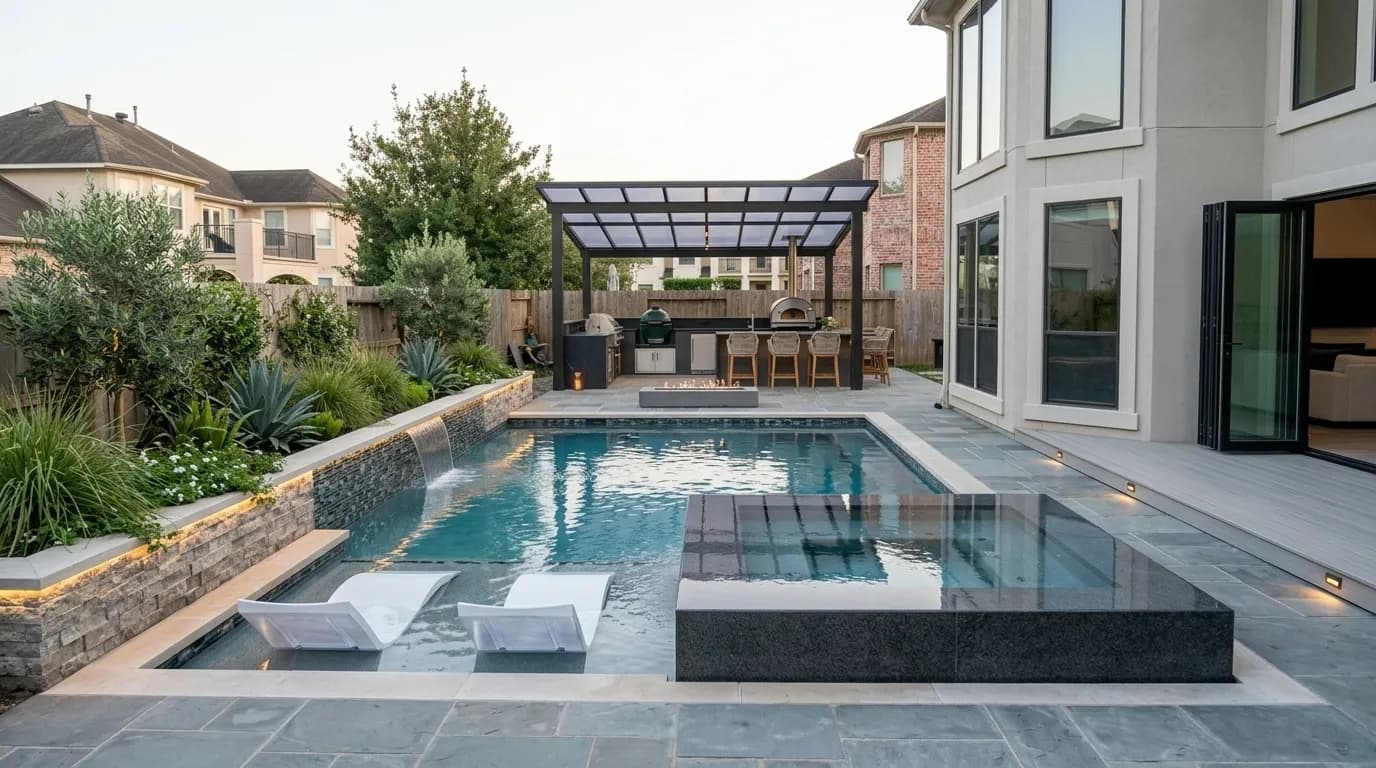 Modern pool pergola outdoor kitchen fire pit