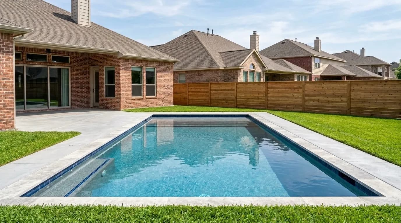 Rectangular pool brick home backyard